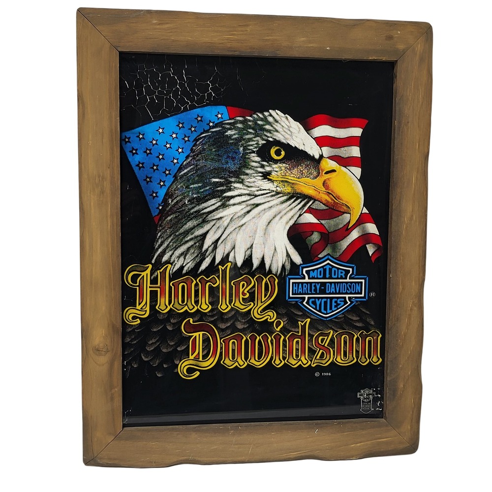 Vintage 1986 Harley Davidson Eagle American Flag Framed Mirror Art 19x14 3/4